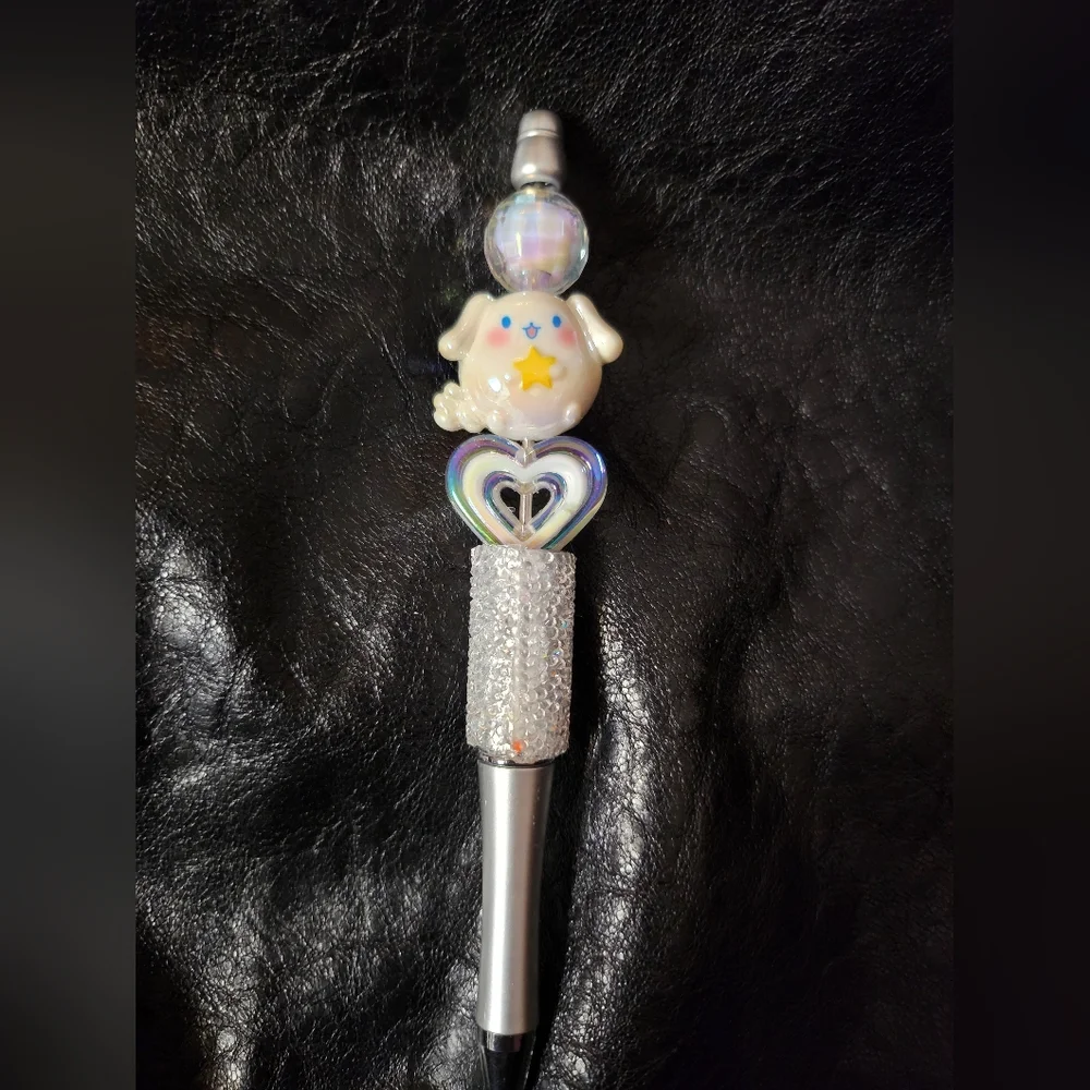 Cute Silver and White Pen with Heart and Star Design